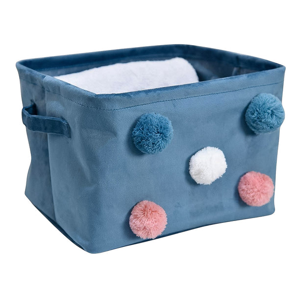 Panier de rangement doux bleu avec pompons S
