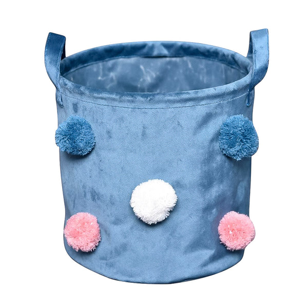 Seau de rangement doux bleu avec pompons S